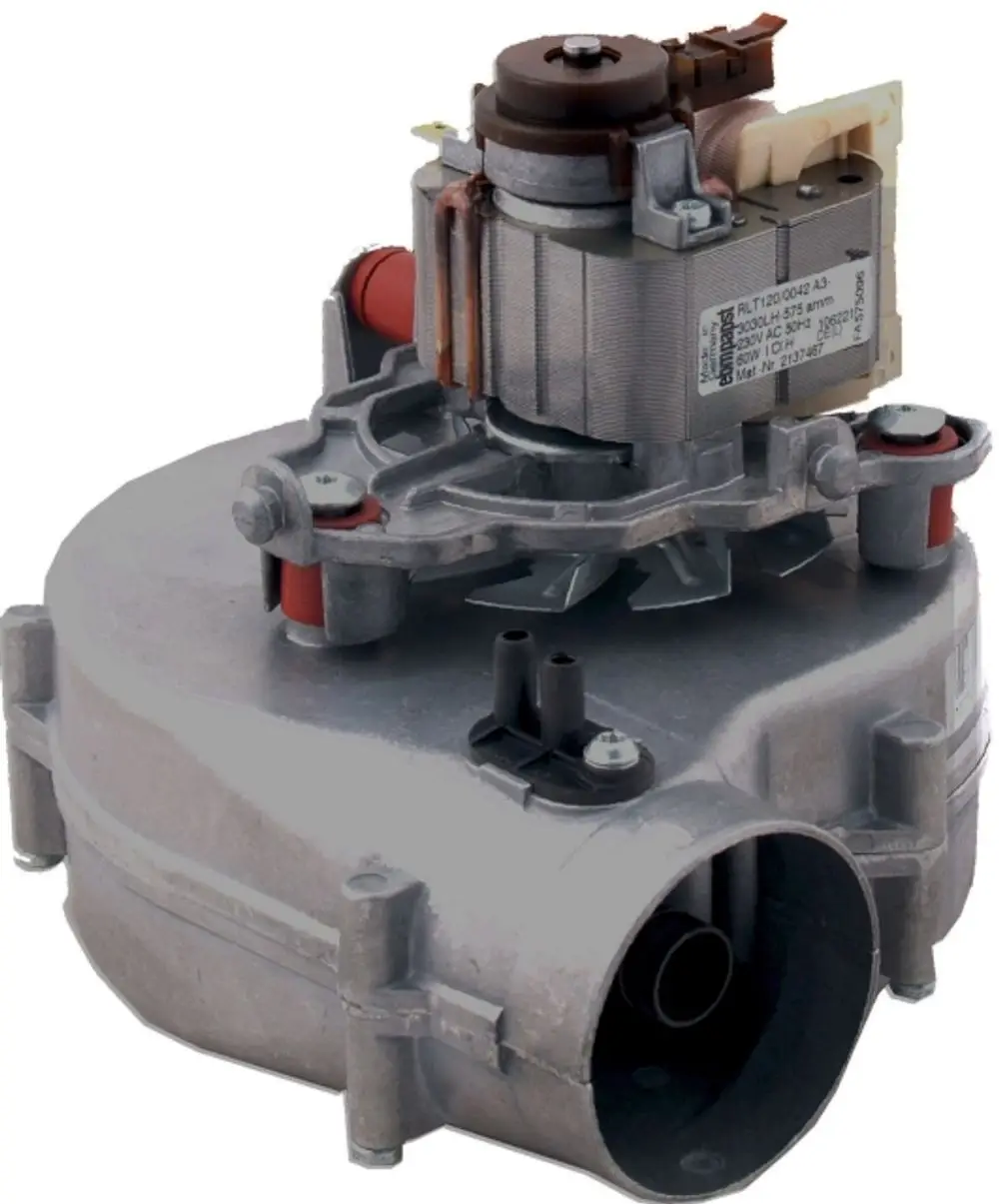 Abgasventilator von Wolf, montiert auf einer flachen Basis mit mehreren Anschlüssen. sichtbar sind ein Motor und Ventilatorblätter für den Luftstrom.